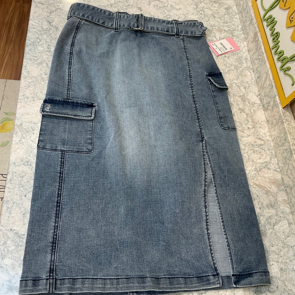 Juicy Couture Cargo Denim Midi Skirt with Belt & Slit Medium Wash Size 30